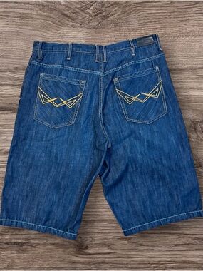 Sean John Blue Denim Shorts with Yellow Pocket Stitching